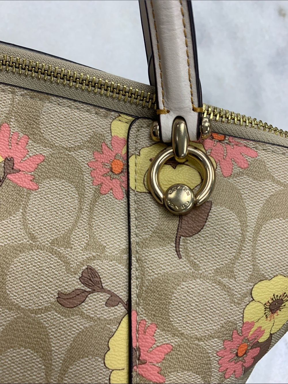 Coach Beige Signature Floral Tote with Yellow & Pink Blooms - Picture 3 of 7